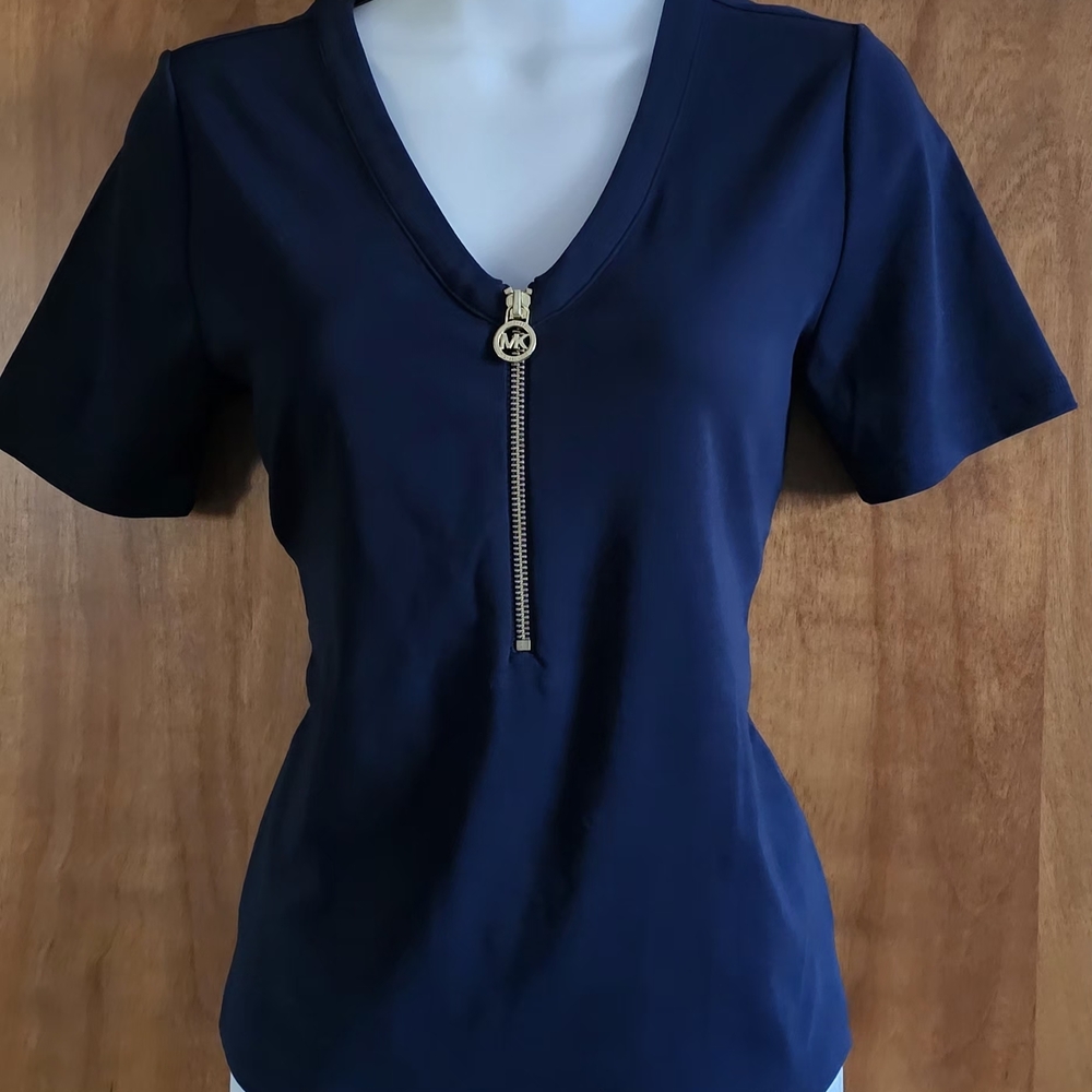 Michael Kors Navy Short Sleeve Zip-Up Top